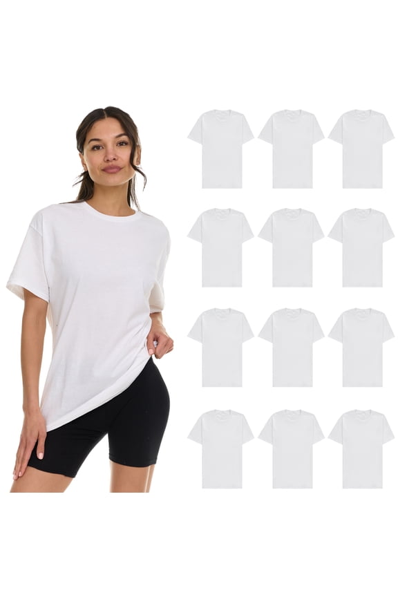 12 Pack Womens Oversized Cotton T-Shirts, Crew Neck Short Sleeve Baggy Loose Tops Oversize Tees Color White, Size Small