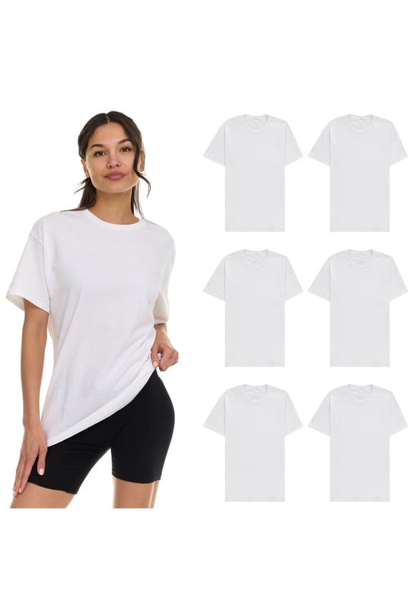 6 Pack Womens Oversized Cotton T-Shirts, Crew Neck Short Sleeve Baggy Loose Tops Oversize Tees Color White, Size Small