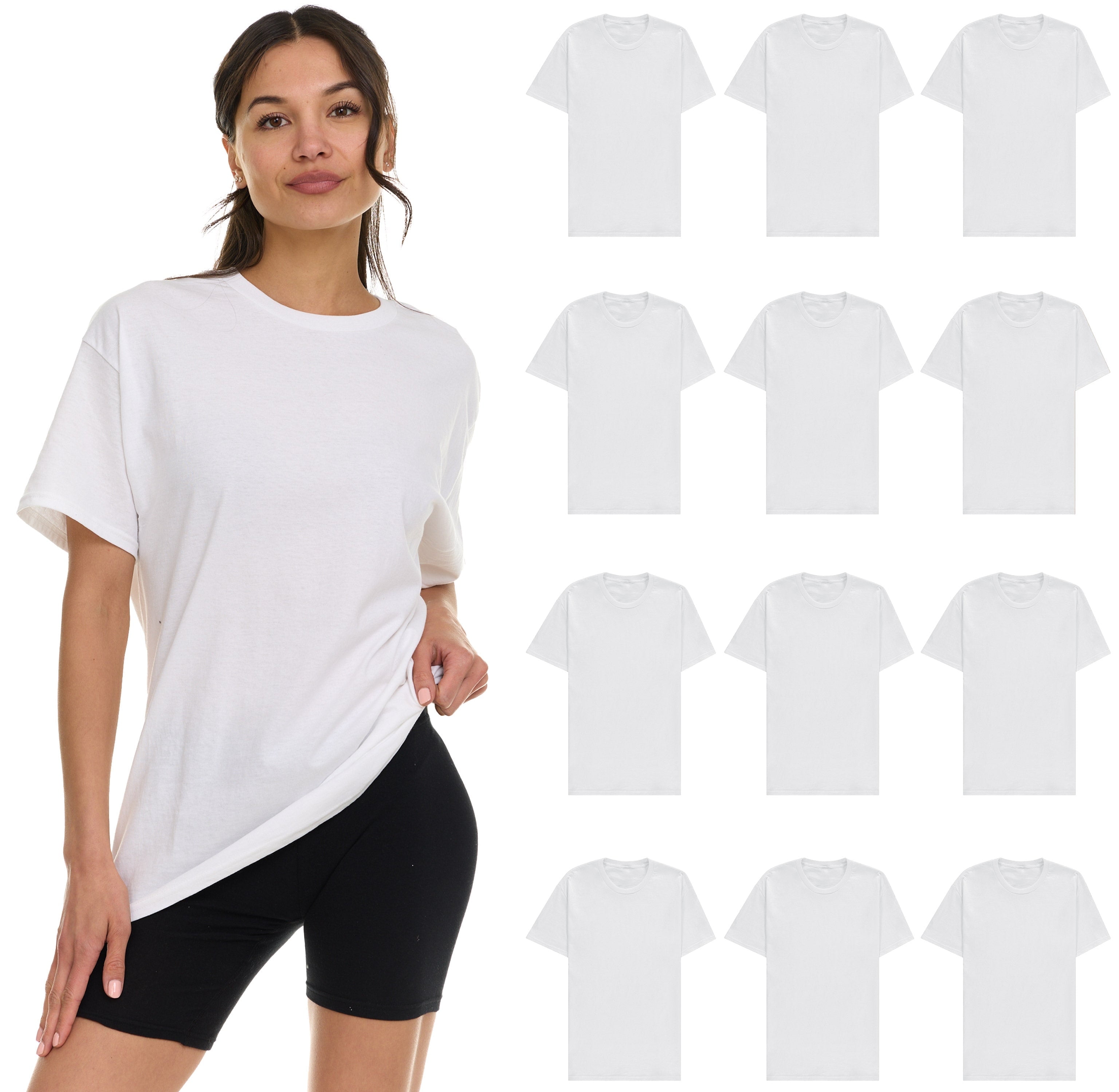 BILLIONHATS 12 Pack Womens Oversized Cotton T-Shirts, Crew Neck Short Sleeve Baggy Loose Tops Oversize Tees Color White, Size X-Large