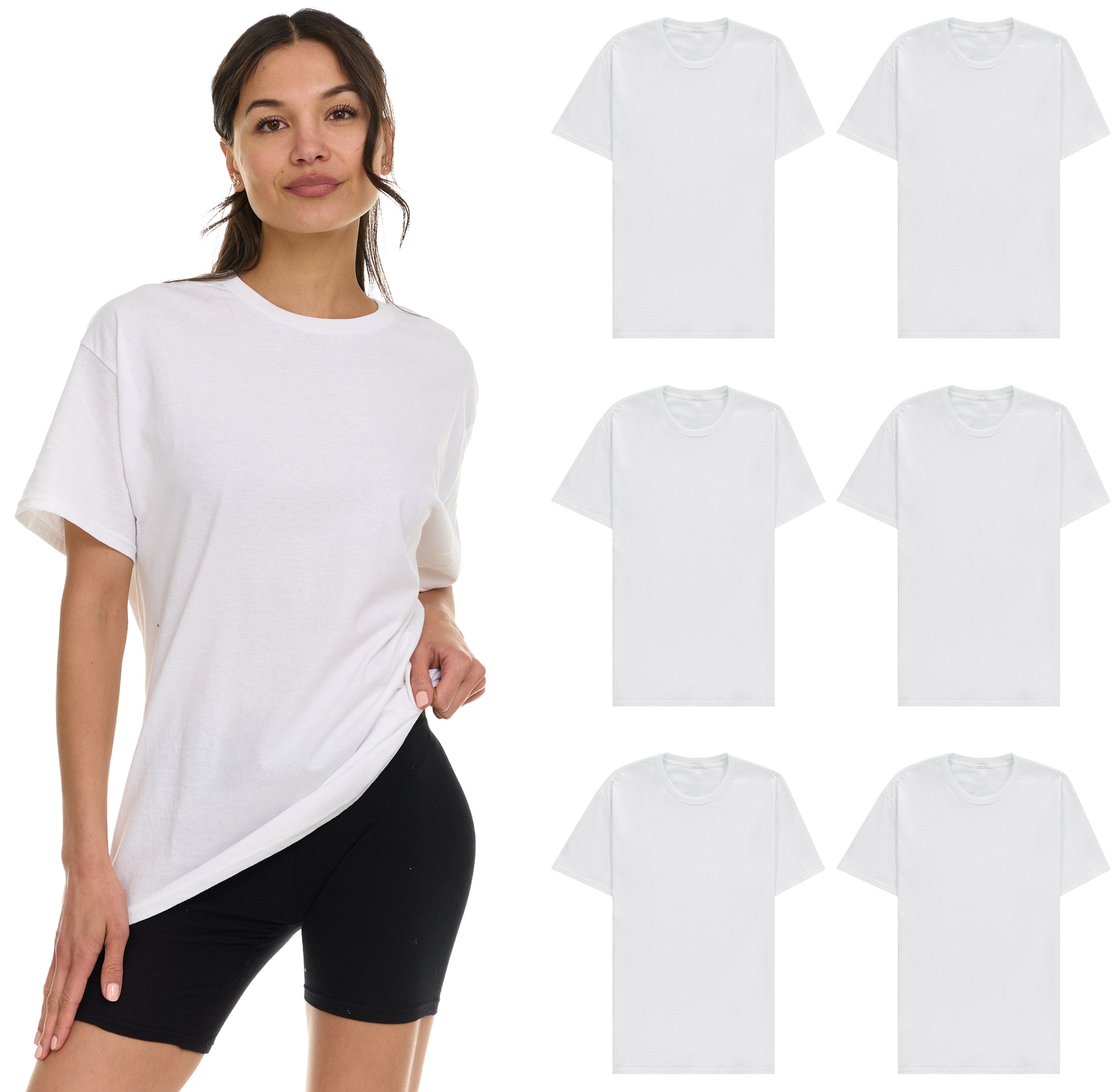 BILLIONHATS 6 Pack Womens Oversized Cotton T-Shirts, Crew Neck Short Sleeve Baggy Loose Tops Oversize Tees Color White, Size X-Large