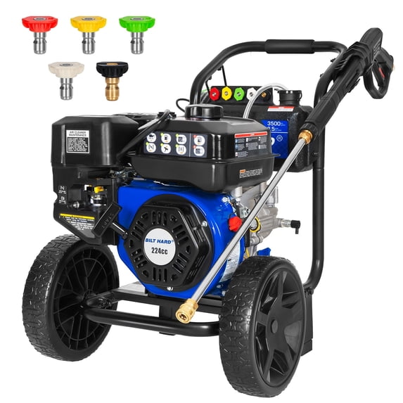 BILT HARD 3500 PSI 2.5 GPM Gas Power Pressure Washer, 224cc 4-Cycle Engine, Heavy Duty Gas Pressure Washer with Spray Gun and Wand, 5 Quick Connect Nozzle Tips, 3/5"×25' Hose, 49-State