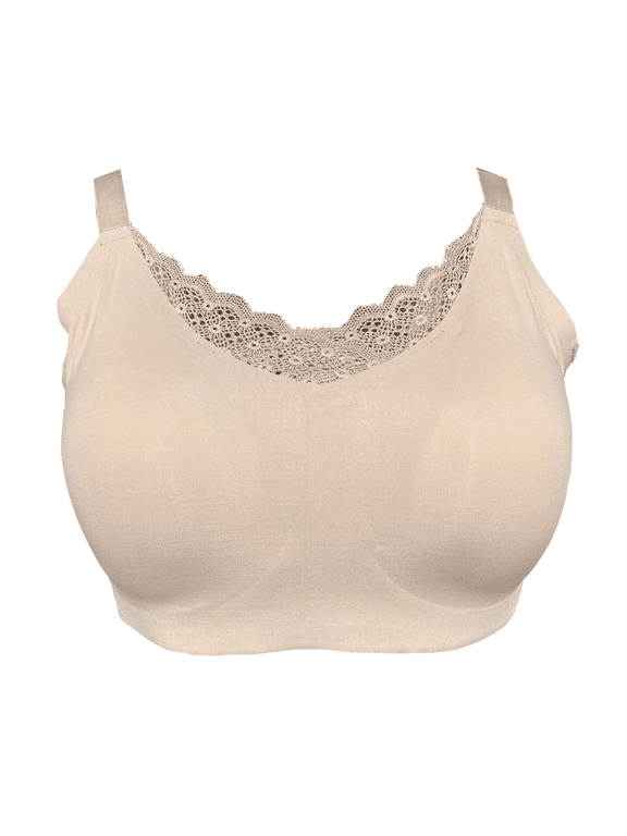 Seamless Mastectomy Lace Bra for Women Breast Prosthesis with Pockets Sleep Bras Soft Daily Bras with 2 Removable Pads,Beige,L