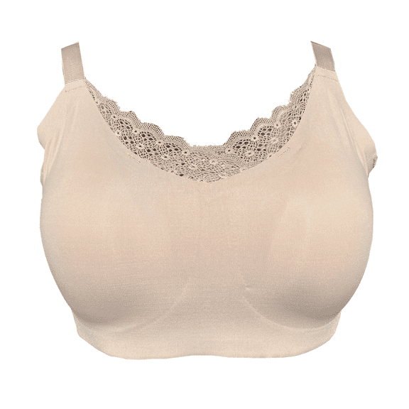 BIMEI Seamless Mastectomy Lace Bra for Women Breast Prosthesis with Pockets Sleep Bras Soft Daily Bras with 2 Removable Pads,Beige,M
