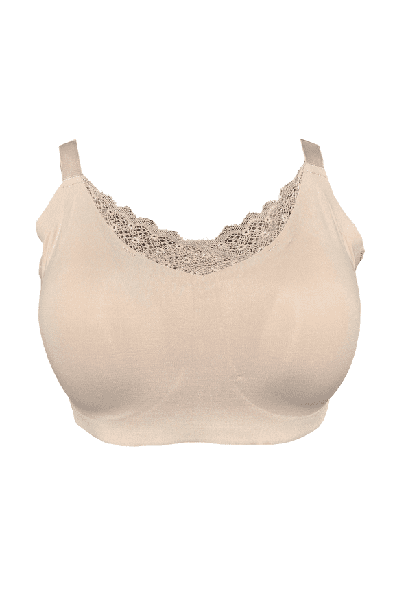 Seamless Mastectomy Lace Bra for Women Breast Prosthesis with Pockets Sleep Bras Soft Daily Bras with 2 Removable Pads,Beige,XL