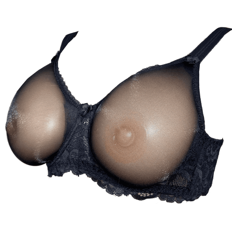 BIMEI See Through Bra CD Lace Mastectomy Lingerie Bra Silicone Breast Forms  Prosthesis Pocket Bra with Steel Ring 9018,Black,42C 
