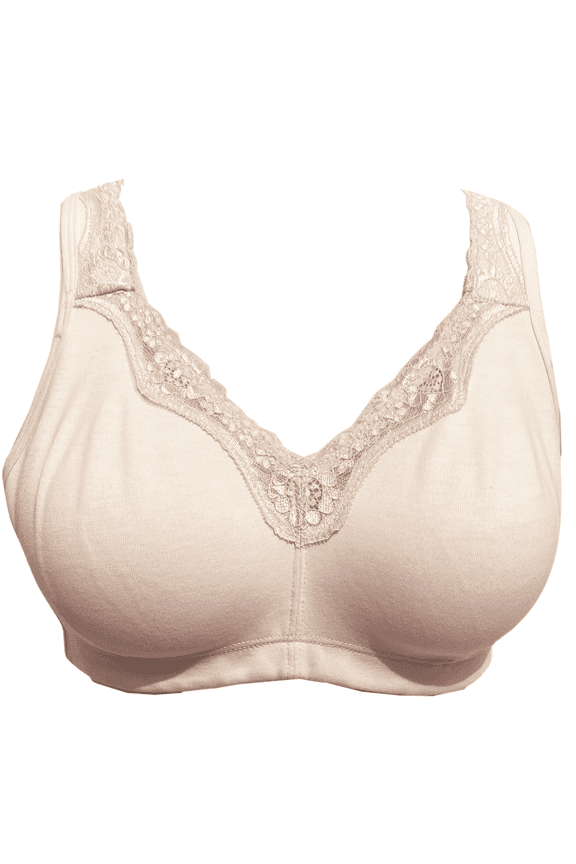 Women's Mastectomy Bra Lace Plus Size Full Coverage Non Padded Comfort Cotton Wirefree Bra with Pocket,Beige,34B