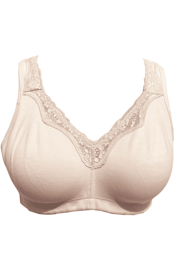Women's Mastectomy Bra Lace Plus Size Full Coverage Non Padded Comfort Cotton Wirefree Bra with Pocket,Beige,34F