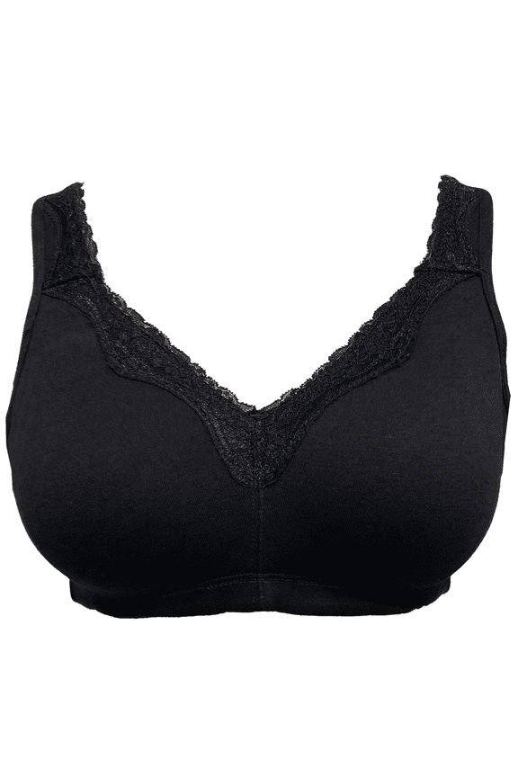 Women's Mastectomy Bra Lace Plus Size Full Coverage Non Padded Comfort Cotton Wirefree Bra with Pocket,Black,34E