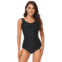 BIMEI Women's One-Piece Mastectomy Swimsuit Pocketed Swimwear High Neck Tummy Control Retro Ruched Slimming Bathing Suit 013,Black,L