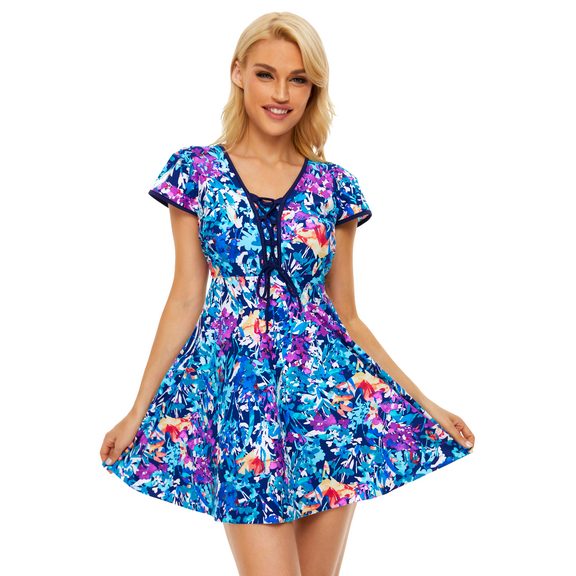 BIMEI Women's One-Piece Mastectomy Swimsuit Pocketed Swimwear Skirted bathing Suit Drawstring Ruched Printed Skirt Swimdress with Boyshort 001，Blue，4XL