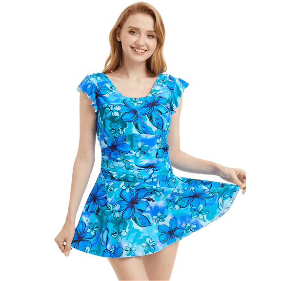 BIMEI Women's One-Piece Mastectomy Swimsuit Pocketed Swimwear Skirted bathing Suit Drawstring Ruched Printed Skirt Swimdress with Boyshort 988，Blue，XL