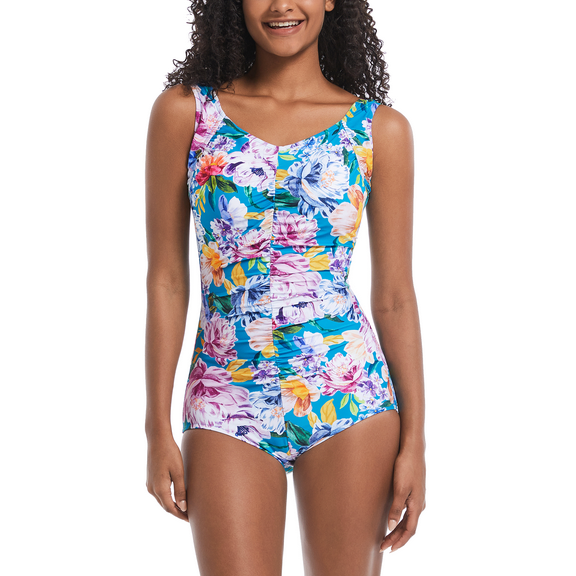 BIMEI Women's One-Piece Pocketed Mastectomy Swimsuit Tummy Control Pocketed Swimwear Floral Print Bathing Suits 886, Flower,2XL