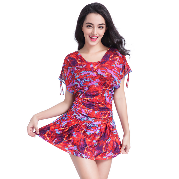 BIMEI Women's One-piece with detachable short skirt Mastectomy Swimsuit Pocketed Swimwear Tummy Control High Neck Ruched Printed Bathing Suit 888,Red,L