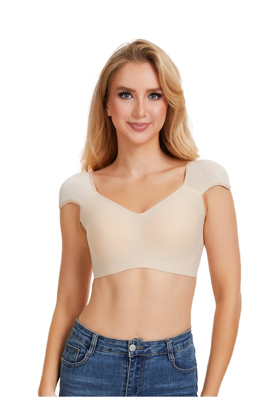 Women’s Seamless Shoulder Pad Bra,Built-in Shoulder Pad,Wireless Comfort Crop Top, Invisible Under Clothes,Beige,XL