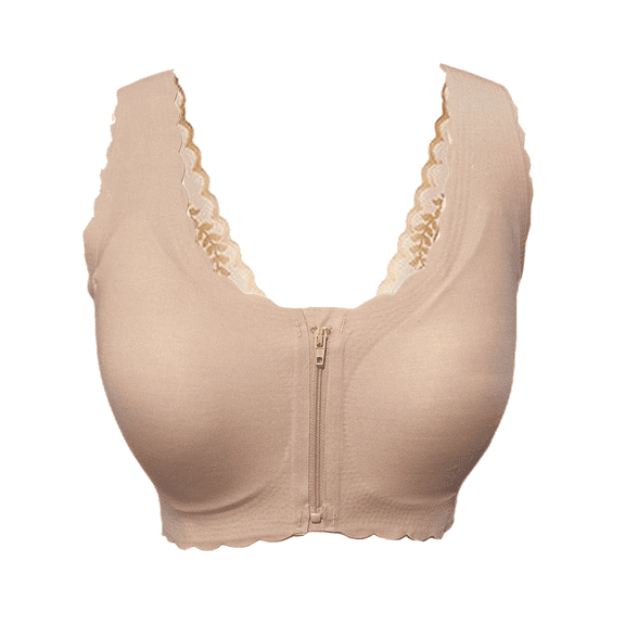 BIMEI Women's Zip Front Mastectomy Bra Wireless Post-Surgery Bra Active Soft Daily Bras with Removable Pads,Beige,L for 36ABCD
