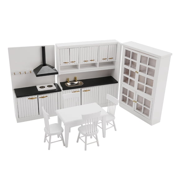 BIMZUC 1/12 Scale Miniature Dollhouse Furniture Wood Kitchen and Dining Room Set Includes Sink Stove Table Chairs Cabinet 8 Pieces for Mini Home Decoration (11.81 inches / 30 cm)