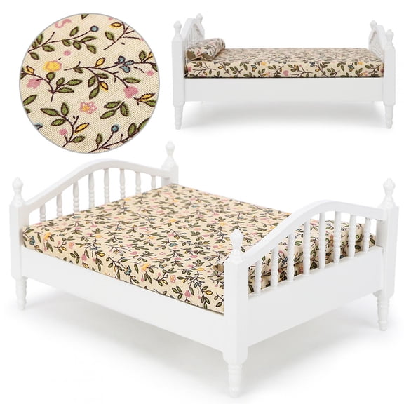 BIMZUC 1/12 Scale Miniature Wooden Dollhouse Bed (6.69 inches / 17 cm) - Floral Pattern Bedroom Furniture Accessory for 1:12 Dollhouses