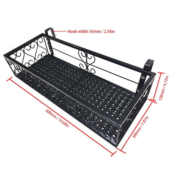 BIMZUC 1-Tier Iron Hanging Flower Railing Shelf Basket with Hooks, Balcony Planter Pots Holder Stand for Outdoor Garden and Patio Plants, 19.68 x 7.87 x 4.72 Inches / 50 x 20 x 12 cm, Black Finish