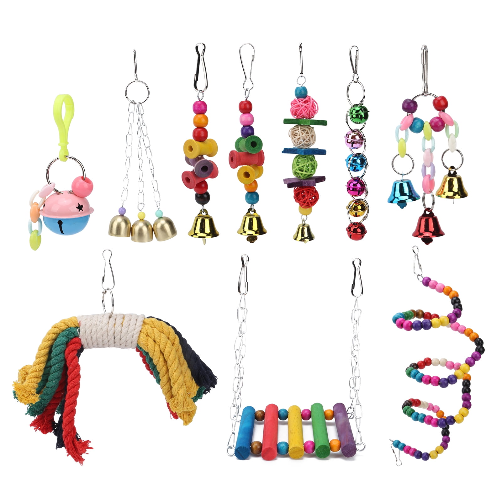 BIMZUC 10-Piece Birds Swing Toy Natural Wood Hanging Chewing Perch Toy Set with Bells Wooden Beads Interactive Cage Accessories for Parrots Macaws Cockatiels Budgies Finches Lovebirds (9.45 in/24 cm)