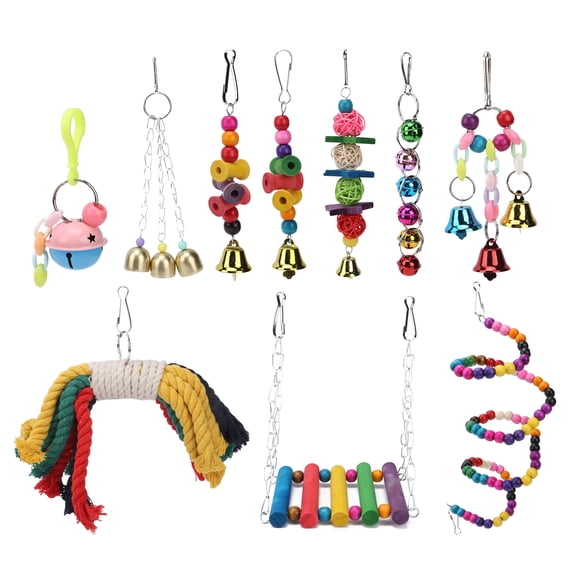 BIMZUC 10-Piece Birds Swing Toy Natural Wood Hanging Chewing Perch Toy Set with Bells Wooden Beads Interactive Cage Accessories for Parrots Macaws Cockatiels Budgies Finches Lovebirds (9.45 in/24 cm)