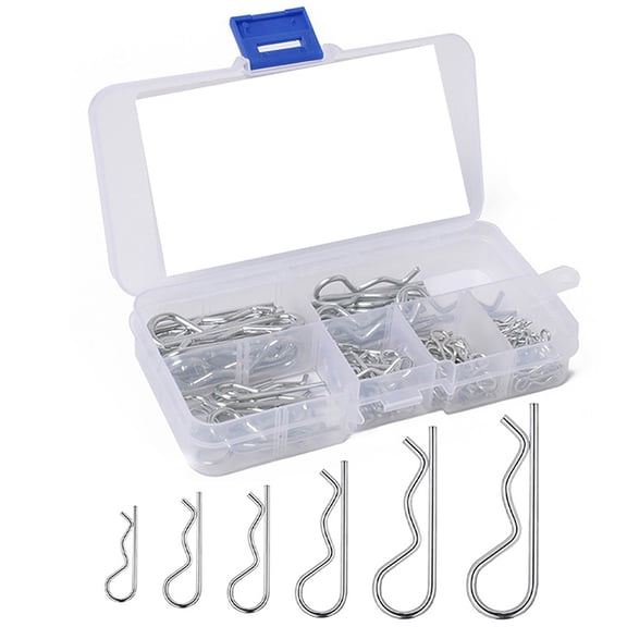 BIMZUC 100pcs Cotter Pins Assortment Kit, Carbon Steel Zinc Plated R Clips Hitch Pin Clip for Cars, Machinery, Power Equipment, Multiple Sizes (1.77 in / 4.5 cm) with Storage Box
