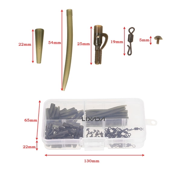 BIMZUC 100pcs Terminal Carp Fishing Tackle Kit, Safety Lead Clips, Tail Rubber Tubes, Anti Tangle Sleeves, Rolling Swivels, Quick Change Snap Pins Set (5.1 in / 13 cm Box)