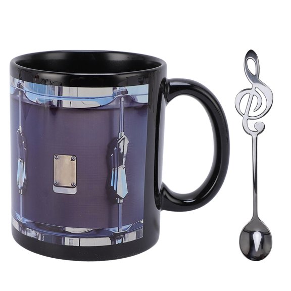 BIMZUC 11 oz Vintage Drum‑Pattern Ceramic Mug with Spoon – Black, Multi‑Functional Coffee Cup for Hot & Cold Drinks