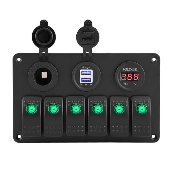 BIMZUC 12V 24V 6 Gang Car Boat Marine LED Rocker Switch Panel Dual USB Voltmeter Cigarette Lighter Socket Adapter Universal Fit for Vehicle Truck RV Green Light (8.66 inches / 22 cm)
