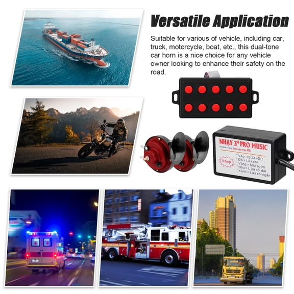BIMZUC 12V Universal Dual Tone Car Motorcycle Air Horn Loud Electric Snail Horn Waterproof High Low Tune with 10 Sounds Button Controller Red