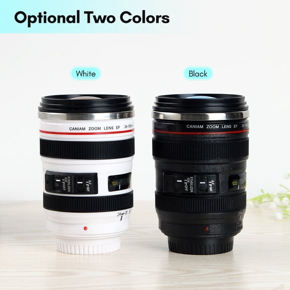 BIMZUC 14.6 oz Camera Lens Coffee Mug White, Stainless Steel Leak Proof Travel Photo Coffee Cup Insulated Water Bottle for Photographer (5.75 x 3.27 in / 14.6 x 8.3 cm)
