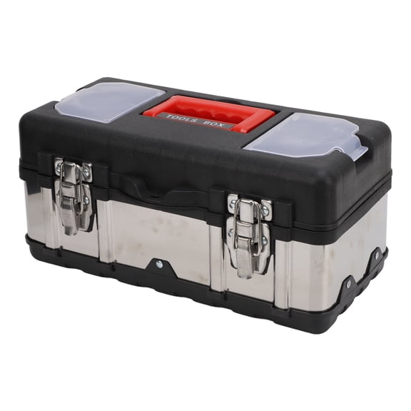 BIMZUC 14 Inch Stainless Steel Tool Box, Large Capacity Lockable Portable Hardware Storage Organizer with Removable Tray for Home, Auto Repair and Mechanics Workspace, Silver/Black