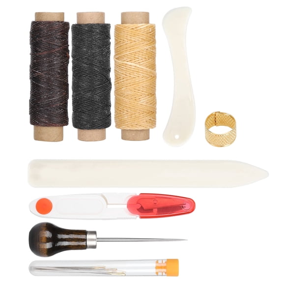 BIMZUC 14 Pcs Leather Working Craft DIY Repair Sewing Kit with Thimble Loop, Waxed Thread and Needles for Leathercraft Projects