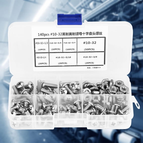 BIMZUC 140 Pieces #10-32 304 Stainless Steel Phillips Pan Head Machine Screws and Nuts Assortment Kit with Storage Box for Hardware Repair and Home Improvement Projects[cite: 1]