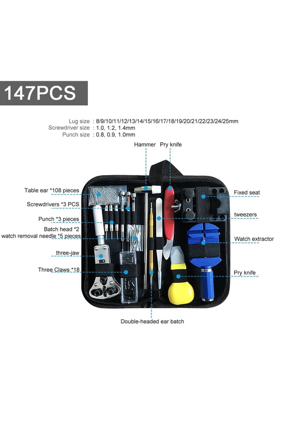 147pcs Watch Repairing Tools Set, Professional Watch Maintenance Kit with Back Case Opener, Battery Change Tool, Spring Bar Remover, and Carrying Case (8.1 inches / 20.5 cm)