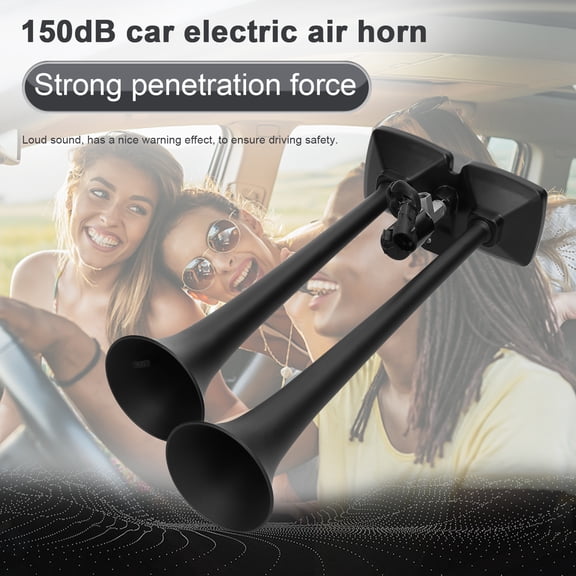BIMZUC 150dB Dual Trumpet Air Horn Super Loud Electric Horn 12-24V with Solenoid Valve for Car Truck RV Marine Boat, Black Color, Universal Fit Size 15 Inches [cite: 8, 9]