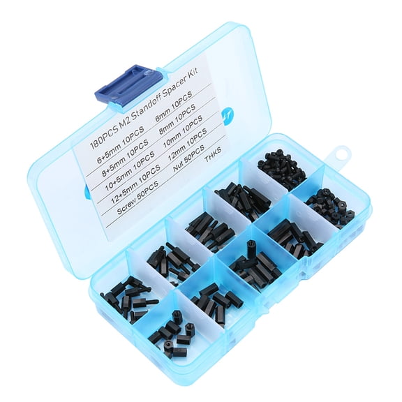 BIMZUC 180pcs Black M2 Male Female Nylon Standoffs Screws Nuts Assortment Kit with Storage Box, 5.12 inches / 13 cm