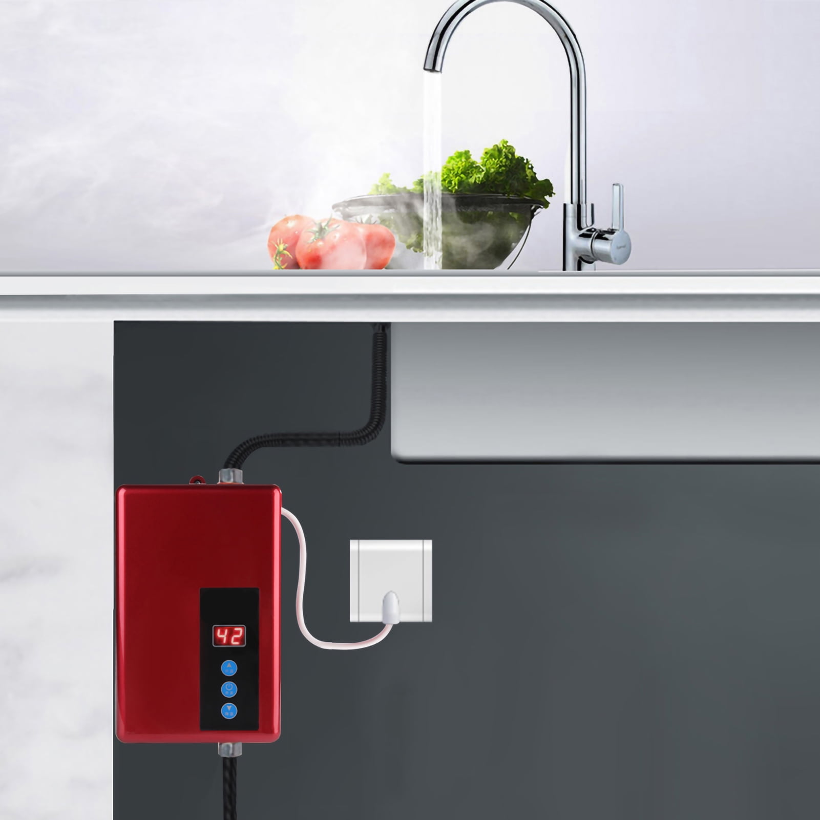 BIMZUC 220V 5.5KW Mini Instant Electric Water Heater Tankless Shower Hot Water System for Kitchen Bathroom Red 8.66 x 5.51 x 2.56 inches / 220 x 140 x 65 mm