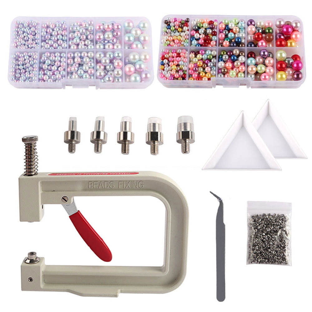 BIMZUC 2350-Piece Hand-Press Pearl Setting Machine Kit with 5 Nozzles, Mixed Pearls and Rivets for DIY Clothes Hats Shoes Jewelry Making, 11.8 inches / 30 cm Portable Craft Tool Set