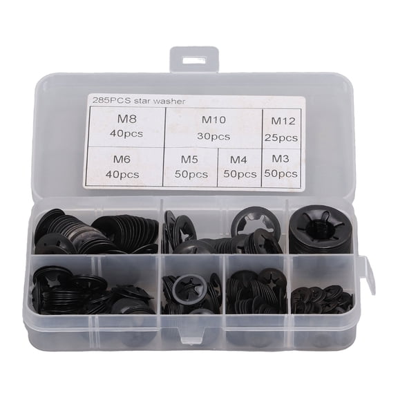 BIMZUC 285 Pieces Internal Tooth Lock Washer Assortment Kit Manganese Steel Hardware Washers M3 M4 M5 M6 M8 M10 M12 Set Box (6.3 inches / 16.0 cm Pack Length) Black Finish
