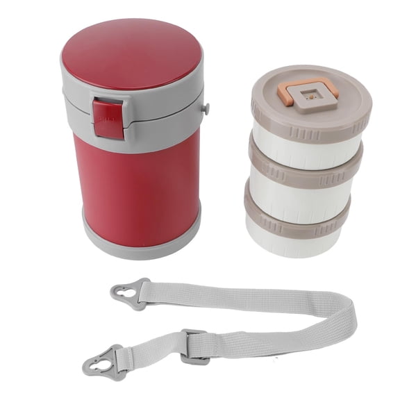BIMZUC 2L 3‑Tier 304 Stainless Steel Vacuum Lunch Box with Leak‑Proof Silicone Rings, Microwave‑Safe, Shoulder Strap, Red