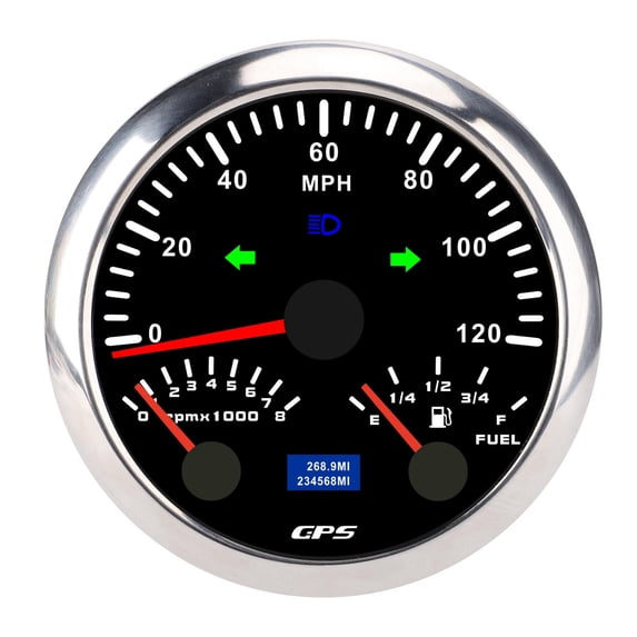 BIMZUC 3 in 1 GPS Speedometer Tachometer Fuel Level Gauge 3.375 in / 85 mm 120MPH 8000RPM 7 Colors Backlight for RV Yacht Truck Black Dial Silver Bezel