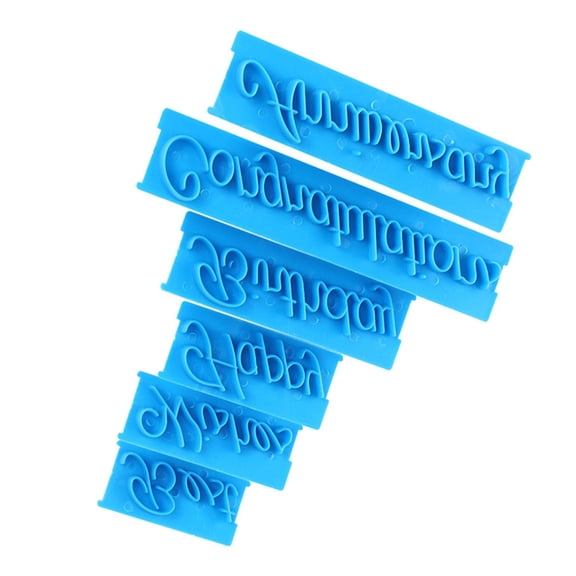BIMZUC 3-Set Handwriting Letter Cake Embosser DIY Plastic Molds, Happy Birthday Anniversary Phrases Cake Decorating Printing Mold, Blue (18 Pieces)
