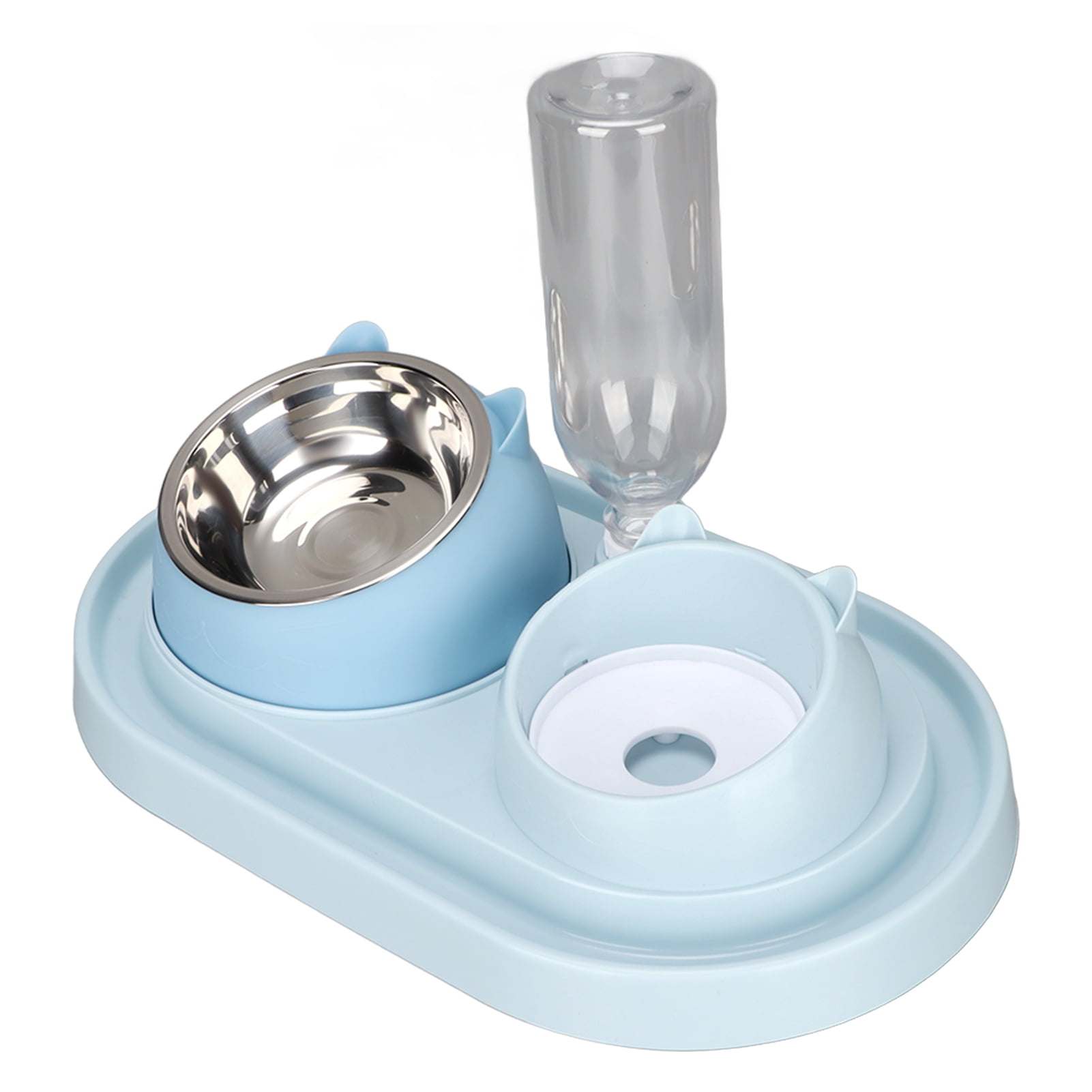 BIMZUC 3-in-1 Cat Food and Water Bowl Set, Automatic Water Dispenser, Tilted Stainless Steel Slow Feeder Bowl for Kittens, Puppies, Blue