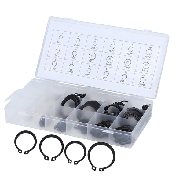 BIMZUC 300-Piece External Retaining Ring Assortment Set, Black Metal E-Clip Snap Circlip Kit (2mm to 32mm Sizes), Essential Hardware Retaining Rings for Bearings, Gears, and Automotive Repairs