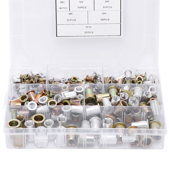 BIMZUC 300Pcs Carbon Steel Rivet Nut Set, Flat Head Threaded Insert Kit Assortment with 6 Sizes M3 M4 M5 M6 M8 M10, Galvanized Finish Hardware Nuts for Metal Wood Plastic (9.06 inches / 23 cm)