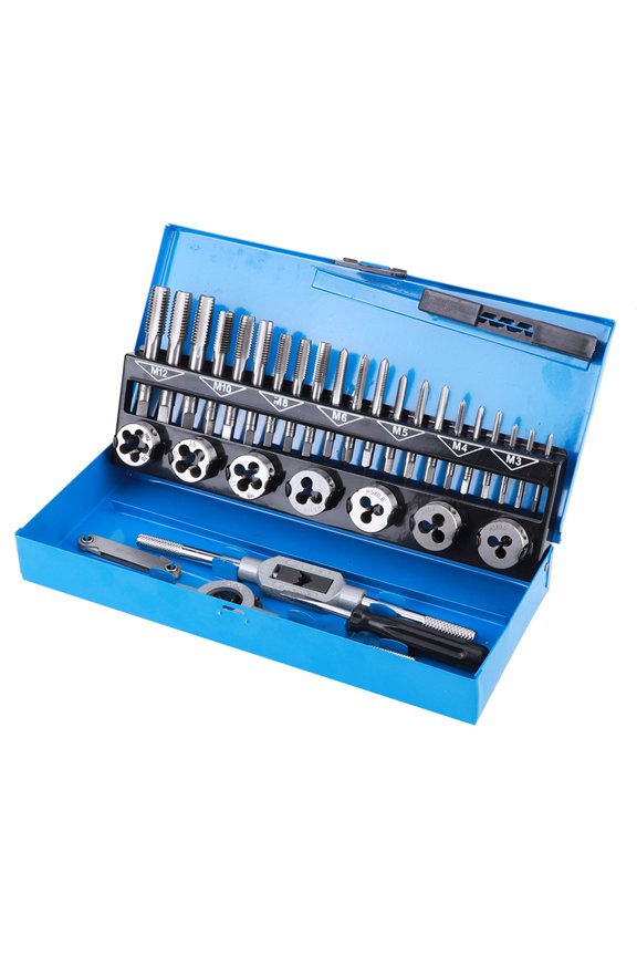 32-Piece Bearing Steel Threaded Tap and Die Set Rethread Tool Kit with Blue Storage Bag, Professional Tap Wrench Thread Tools for Hardware Supplies (11.02 inches / 28 cm Length)