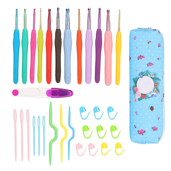 BIMZUC 33-Piece Multicolor TPR Soft Handle Crochet Hook Set with Floral Storage Bag DIY Knitting Tool Assorted Sizes