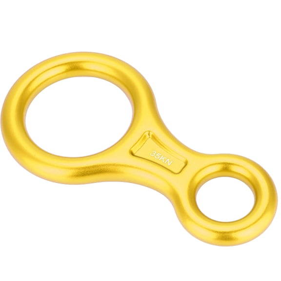 BIMZUC 35KN Figure 8 Rope Descender Rappel Ring Rock Climbing Rescue Gear, Aluminum Alloy Belay Device for Rappelling Mountaineering, Gold, 14.5x7.5 cm / 5.7x2.9 inches, 124g / 4.37oz