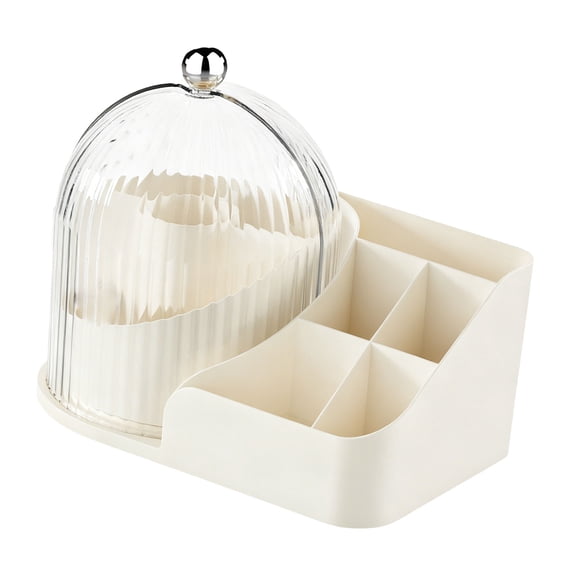 BIMZUC 360 Degree Rotating Cosmetic Organizer, Clear and Cream Makeup Brush Holder with Lid, Dust-Proof Multi Compartment Desktop Skincare Storage Box for Vanity (11.61 in / 29.5 cm)