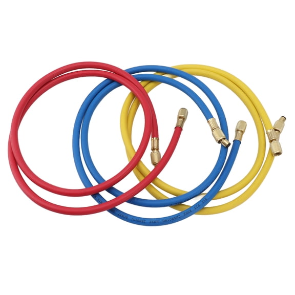 BIMZUC 3pcs 150cm Refrigerant Charging Hose Kit (59.1 inches / 150 cm), 1/4in Standard Tubes for R12 R22 R502 Automotive Mechanics Air Conditioner Repair Tools, Leak Proof Design, Blue Red Yellow